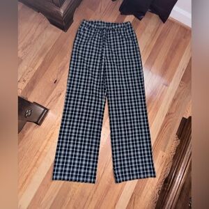 High waisted navy plaid pants with an elastic waist.
